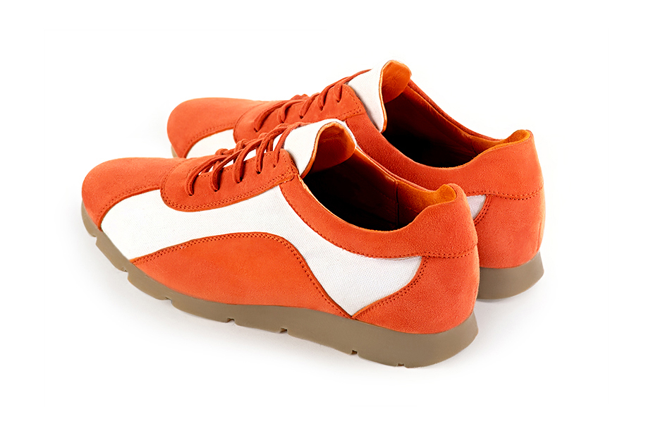 Clementine orange and off white women's elegant sneakers. Round toe. Flat rubber soles. Rear view - Florence KOOIJMAN